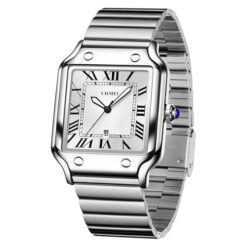 CARLIEN Unisex Classic Square Roman Numerals Silver Analog Waterproof Watches for Women Men Stainless Steel Strap Date Display Casual Wristwatch